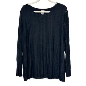Chicos Black Lace Long Sleeve Top Women Size XXL Sheer Overlay‎